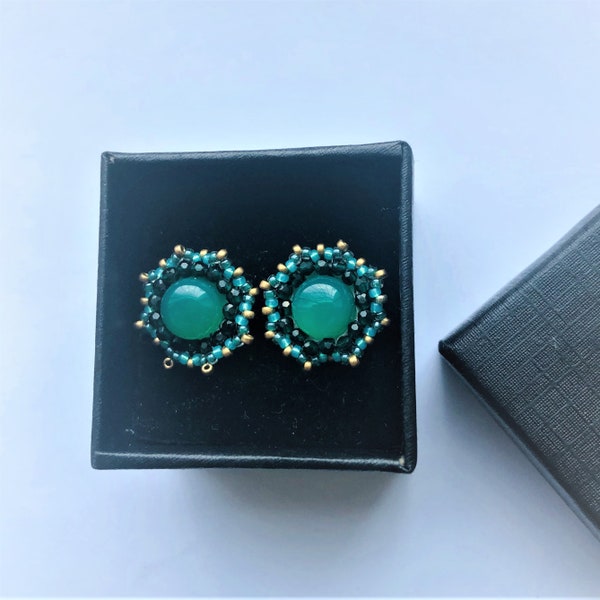 Beadwoven Green Small Studs 15x15 mm Pierced Earrings Silver Light Cats Eye, Emerald Beadwork Round Post Earrings by enchantedbeads on Etsy