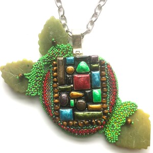 Big Apple Enameled Necklace Architecture of NY City Geometrical Statement Necklace Beadwoven Apple Pendant Bead Embroidery by enchantedbeads image 6