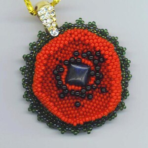 Beadwoven Red Poppy Pendant Necklace, Onyx Floral Beadwork image 2