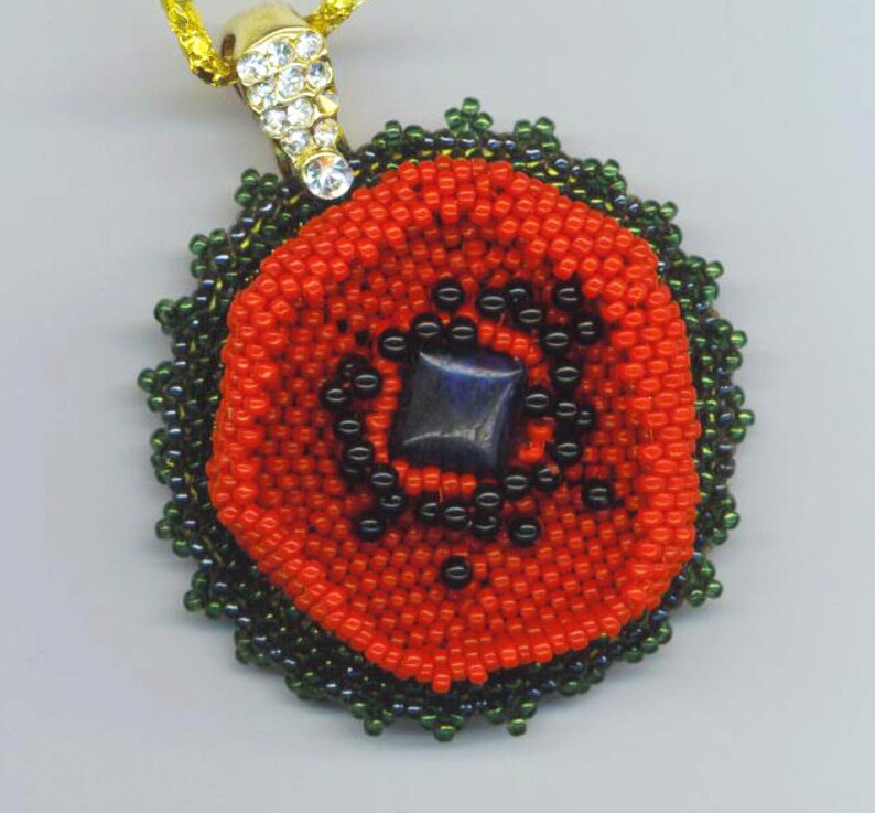 Beadwoven Red Poppy Pendant Necklace, Onyx Floral Beadwork image 2