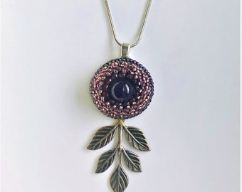 Beadwoven Amethyst Garnet Pendant Necklace, Silver Omega Chain, Brass Branch