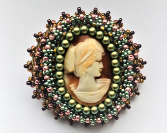 Beadwoven Elegant Cameo Brooch Edwardian Victorian Chocolate Green Gold Brooch Gift for Her Faces from the Past Cameo Pin by enchantedbeads