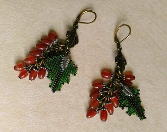 Small Acorn Cluster Earrings Vintage Carnelian Acorn Bead Earrings for Her Fall Oak Leaves Art Deco 1940s Autumn Earrings by enchantedbeads
