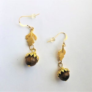 Unique Golden Beige Acorn Earrings 10mm Tiger Eye Acorn Oak Leaf Filigree Cap Golden charm Gold Pl. Earrings Gift for her by enchantedbeads