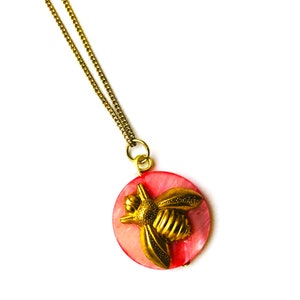 Cute Bee Pendant Halloween Bumble Bee Victorian Necklace Honey Gold plated Bee pink Mother of pearl Pendant Gift for Her by enchantedbeads image 3