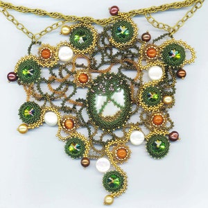 Constellation Necklace Beadwoven Jewelry Statement Necklace Swarovski Crystal Rivoli Stones Baroque Pearls MOP Goldstone by enchantedbeads image 1