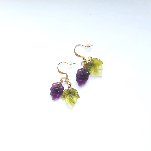 Purple Grape Earrings Gold Plated Fall Autumn Earrings Moss Green Grape Leaf Cluster Fruit Realistic Earrings Gift for Her by enchantedbeads