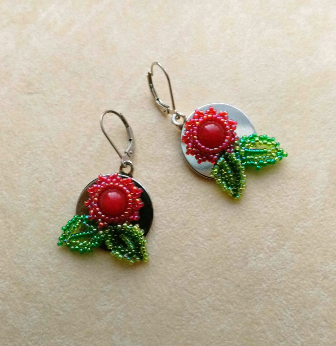 Sterling Silver Red Floral Earrings Beadwoven Dangle Red Etsy Nederland