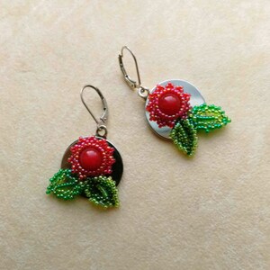 Sterling Silver Red Floral Earrings Beadwoven Dangle Red Jasper Green Leaves Round Floral Christmas Earrings Gift for Her by enchantedbeads image 1