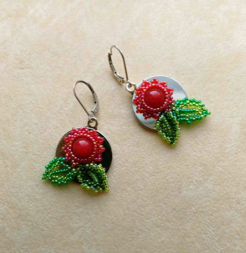 Sterling Silver Red Floral Earrings Beadwoven Dangle Red Jasper Green Leaves Round Floral Christmas Earrings Gift for Her by enchantedbeads image 1