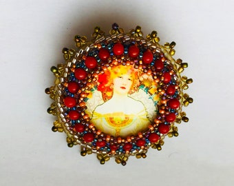 Alphonse Mucha - Champenois Embroidered Brooch OOAK Wedding BRIDESMAIDS Bead woven Ladies of Style Art Nouveau Floral Pin by enchantedbeads