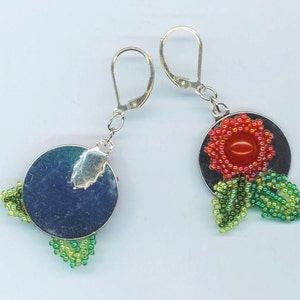 Sterling Silver Red Floral Earrings Beadwoven Dangle Red Jasper Green Leaves Round Floral Christmas Earrings Gift for Her by enchantedbeads image 4
