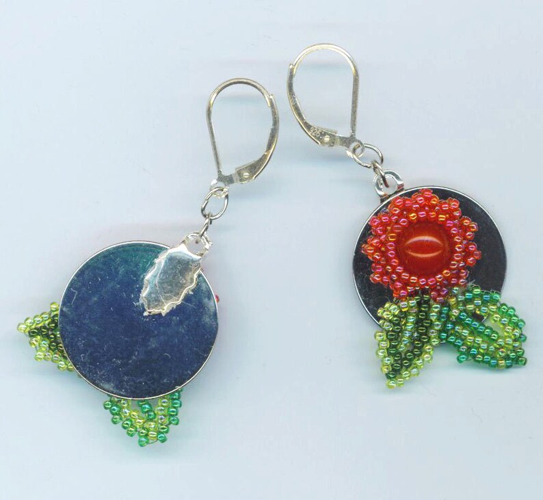 Sterling Silver Red Floral Earrings Beadwoven Dangle Red Jasper Green Leaves Round Floral Christmas Earrings Gift for Her by enchantedbeads image 4