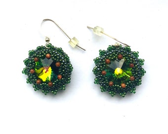 Swarovski Green Beadwoven Embroidered Dangling Earrings Small goldstone beads Sterling Silver French ear Wire Gift for Her by enchantedbeads