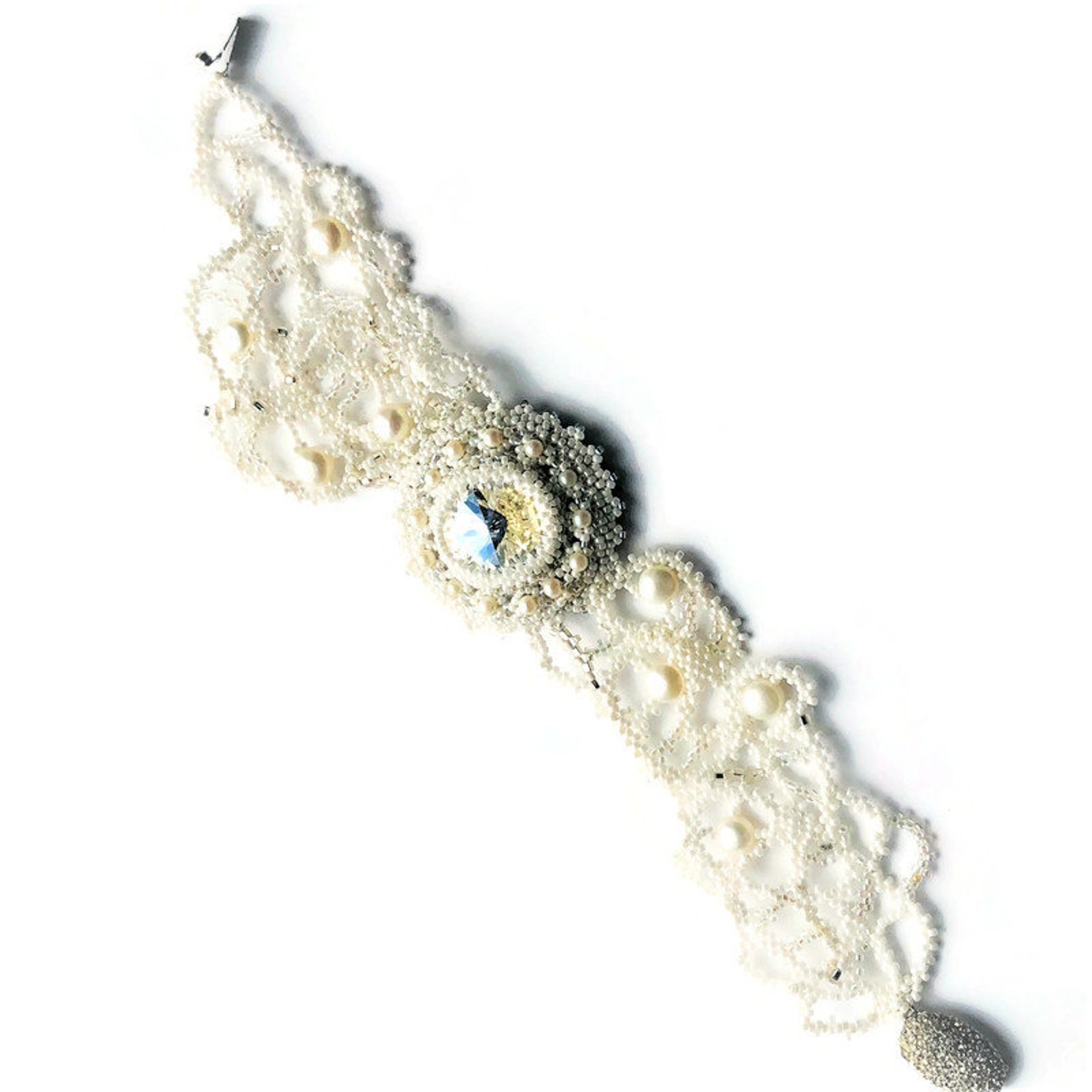 White Bridal Beadwoven Bracelet Rivoli Stone Moo…