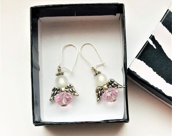 Light Pink Angel Earrings, Czech Crystal Sterling Silver Wires