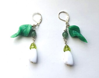 Snowdrop Earrings, Lucite Flower, Green Leaf, Sterling Silver