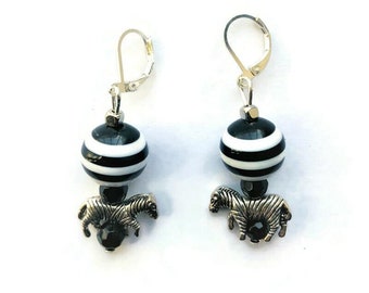 Zebra Charm Earrings White& Black Unique Zebra Bead Wildlife Sterling Silver Lever back Cute Charm Earrings Gift for Her by enchantedbeads