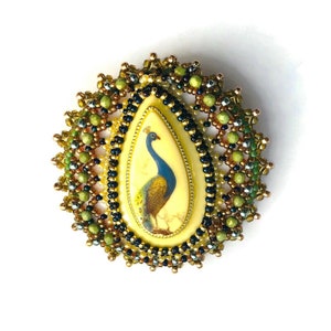 Beadwoven Peacock Statement Brooch Green Blue Beige Golden Bird Brooch Bead Embroidery OOAK Peacock Large Pin Gift for her by enchantedbeads image 3