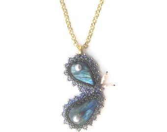 Colorful Beadwoven Peacock Butterfly Necklace Labradorite Tear Drop Embroidered Cabochons Genuine Pearls