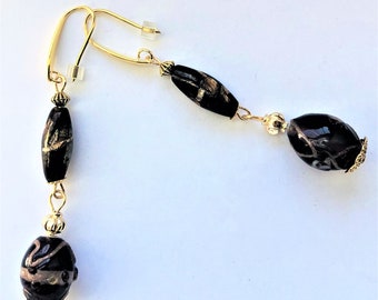 Black and Gold Long Lampwork Earrings Vintage Beads Long Black Earrings Golden Spacers Gold Filled Ear Wire Gift for Her by enchantedbeads