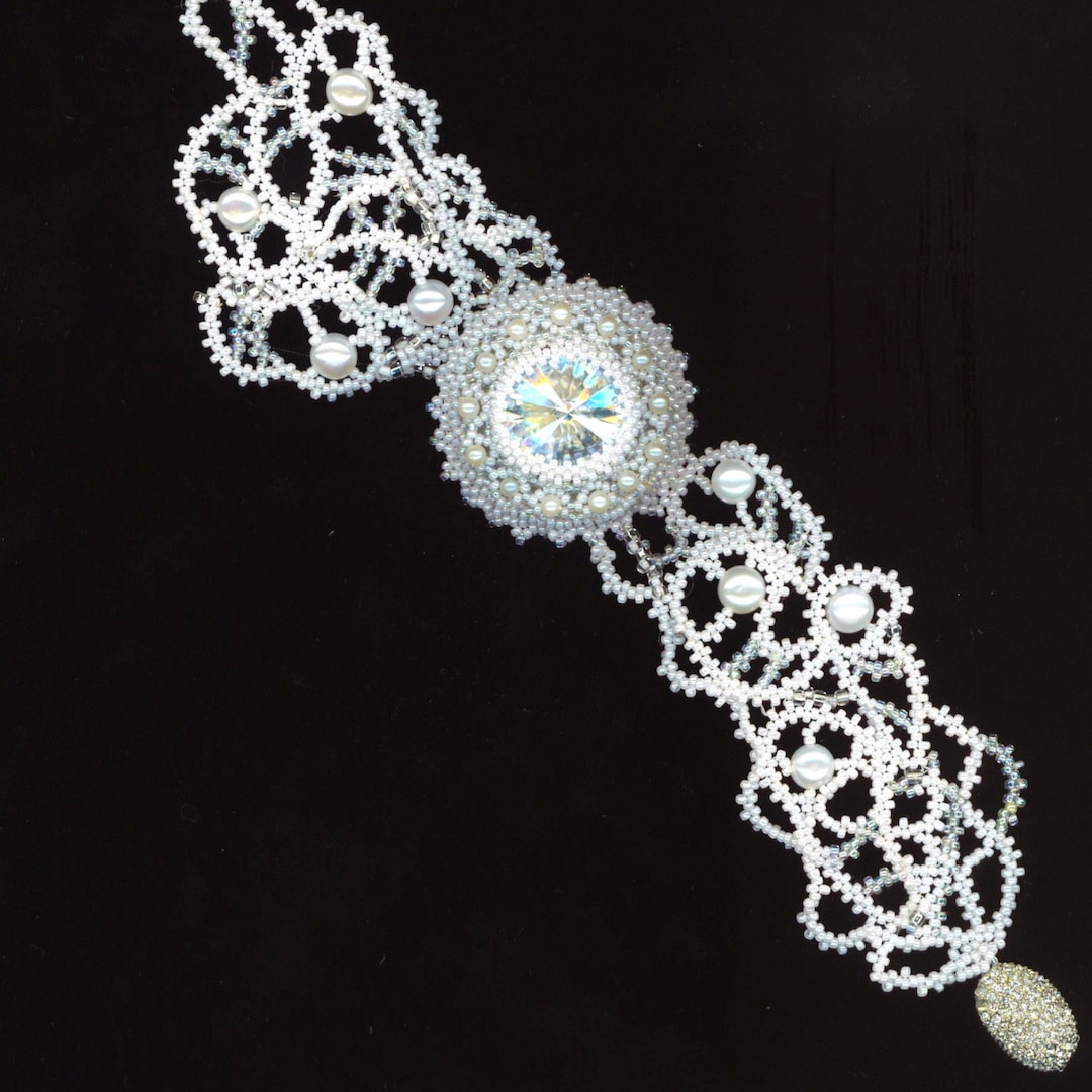 White Bridal Beadwoven Bracelet Rivoli Stone Moonli…