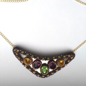 Bib Necklace Beaded/ Beadwoven Pendant Swarovski Rhinestone Green Purple Gold Statement Pendant Scheherazade Gift for Her by enchantedbeads