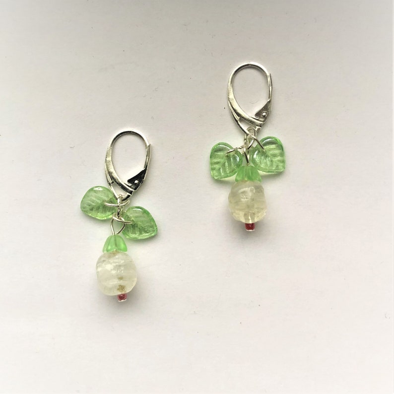Flower Bud Earrings Sterling Sil. Earrings Beaded Clear Flower White Floral Green Leaf Earrings Spring Summer Gift for her by enchantedbeads image 6