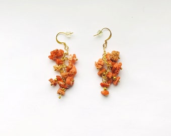 Genuine Red Coral Branch Cluster Earrings Beaded Healing Stone Gold Plated French Ear-wire Valentines Mothers Day Earrings by enchantedbeads