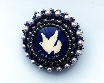 Beadwoven Brooch, Iridescent Blue Dove Shalom Golden Seed Beads, Small Faux pearls Round Pin