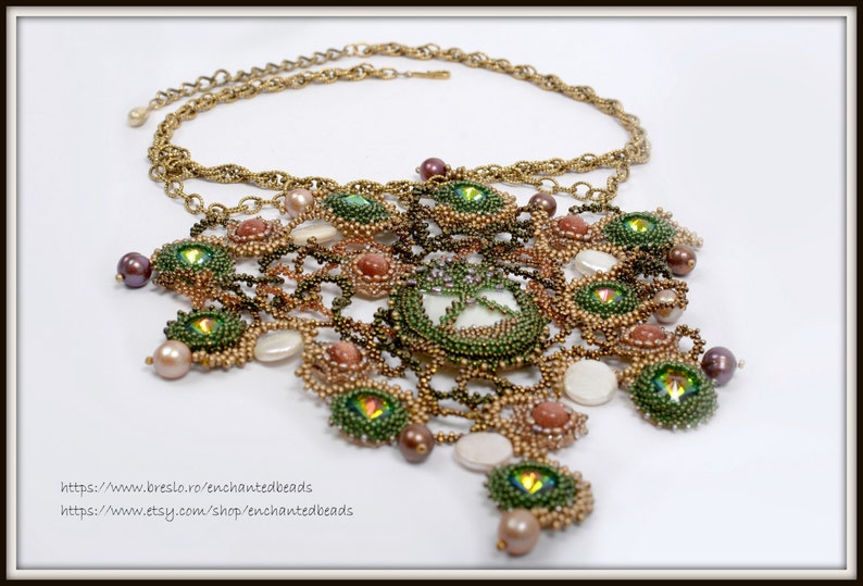 Constellation Necklace Beadwoven Jewelry Statement Necklace Swarovski Crystal Rivoli Stones Baroque Pearls MOP Goldstone by enchantedbeads image 3