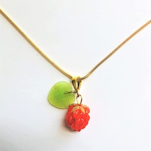 Realistic Raspberry Red Fruit Lampwork Glass Pendant Gold Plate Snake Chain Necklace Summer Food Red Necklace Gift for Her by enchantedbeads image 1