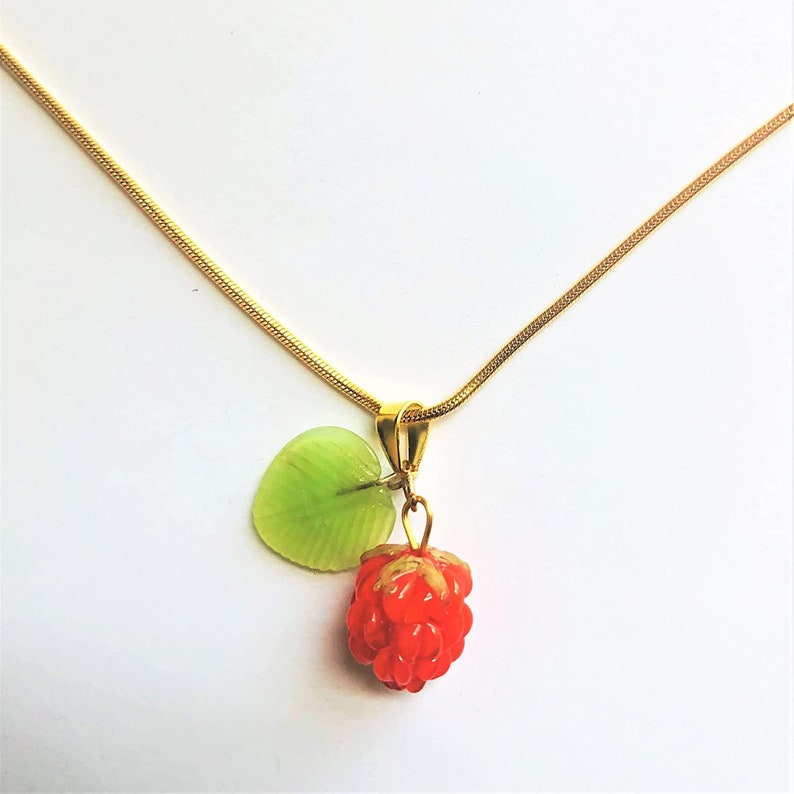 Realistic Raspberry Red Fruit Lampwork Glass Pendant Gold Plate Snake Chain Necklace Summer Food Red Necklace Gift for Her by enchantedbeads image 1