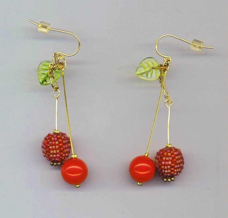 Beadwoven Cherry Sterling S Earrings Red Beaded Beads Cherries Kiwi