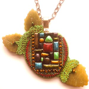 Big Apple Enameled Necklace Architecture of NY City Geometrical Statement Necklace Beadwoven Apple Pendant Bead Embroidery by enchantedbeads image 3