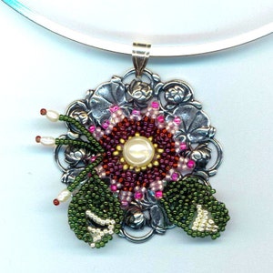 Silver Lilly Pad Wreath Pendant Beaded Flower& Leaves Garnet Beadwoven Flower Genuine Pearl Necklace Gift for Her by ileanaenchantedbeads
