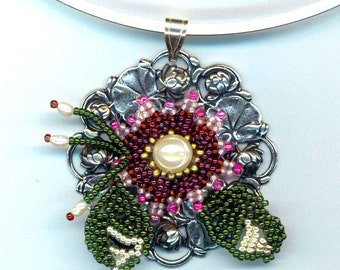 Beaded Flower Pendant Necklace: Lily Pad, Garnet, Pearl, Miyuki Beads