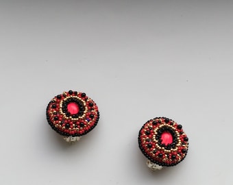 Beadwoven Red Clip on Pearl Earrings Gold& Red Glass Beadwork Silver Plated Clips 26 mm Gold Sparkle Red Earrings for Her by enchantedbeads