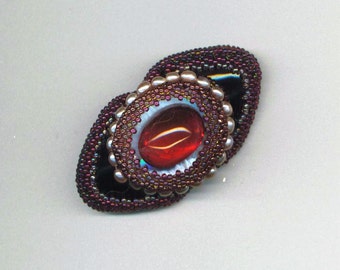 Beaded Onyx Brooch Red Glass Cabochon Brooch Pearls& Seed Bead Oval Brooch for MOM Beadwoven OOAK The Scarlet Effect by enchantedbeads Etsy