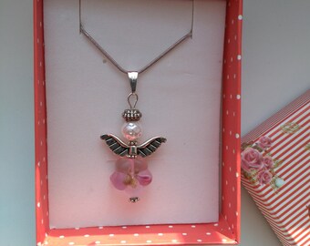 Pink Bead Angel Pendant Silver Pl. Pendant Lampwork Flower Angel Necklace Holiday Communion Angel Guardian Angel Pendant by enchantedbeads