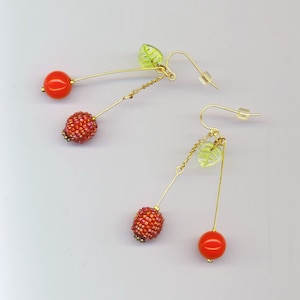 Beadwoven Red Cherry Gold filled Earrings Red Beaded Beads Cherries Kiwi Green Lime green Leaves, Summer Fruit Cherry Earrings Gift for her