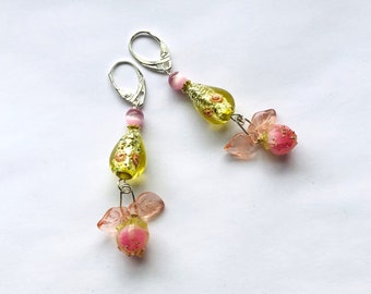 Realistic Rosebuds Real Flower Earrings Gold foil glass lampwork teardrop long Earrings Sterling Sil. fancy Leverback Gift by enchantedbeads