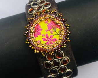 Adjustable Cuff Colorful Floral Cabochon Beadwoven Bracelet Dark Brown Leather Cuff Red Yellow Flower Bracelet Gift for her EnchantedBeads