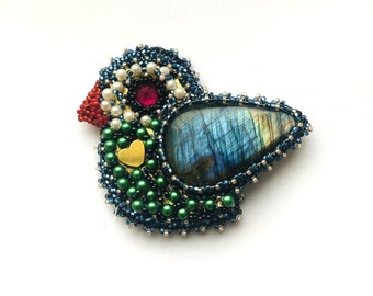 Beadwoven Cute Bird Statement Brooch Red Rhinestone Labradorite Swarovski faux pearl Pin Golden Green Heart OOAK Gift for Her enchantedbeads