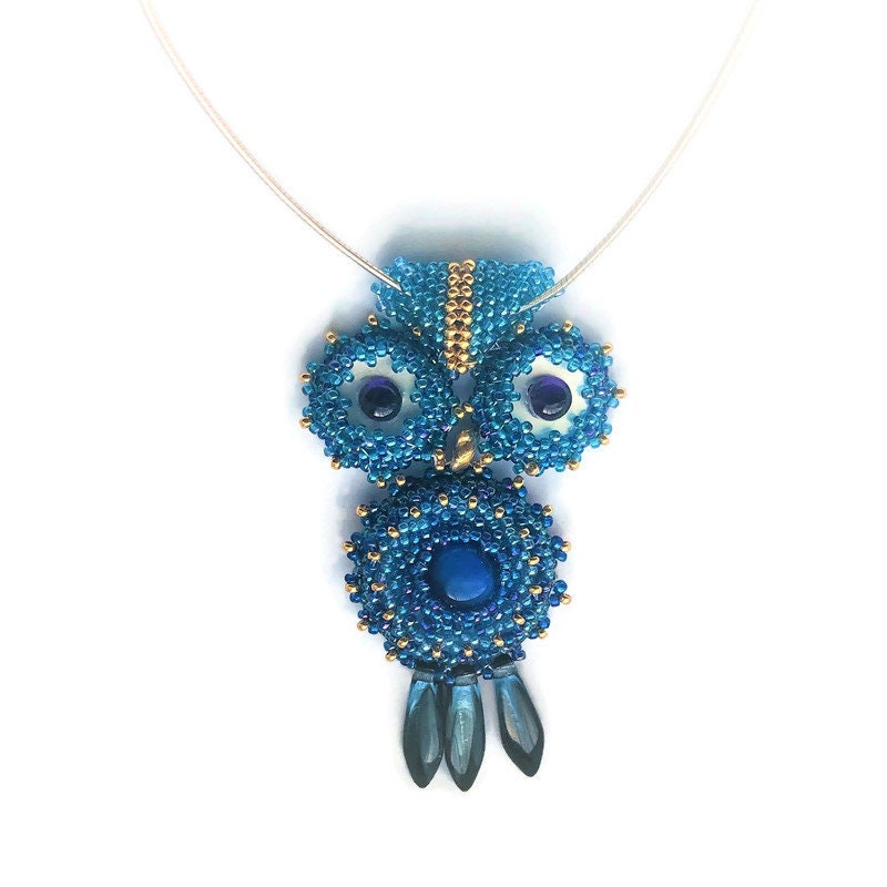 Beadwoven Blue Owl Pendant Amethyst Eye Owl Necklace Blue Cat's Eye Sterling Silver Chain Holida