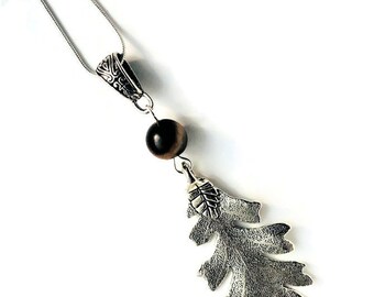 Unique Silver Acorn Pendant 10mm Tiger Eye Acorn Silver plated Large Oak Leaf Pretty Acorn Necklace Unique Gift for Her by enchantedbeads