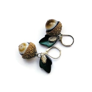 Unique Light Brown Acorn Earrings 12mm light Fancy Agate gemstone green Lucite Moon-glow Oak Leaf, Silver Plated Leverback Natural Acorn Cap