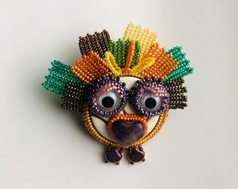 Thanksgiving Turkey Whimsical Turkey Face Brooch Beadwoven Chick with Character Orange Purple Green Turkey Brooch for Her by enchantedbeas