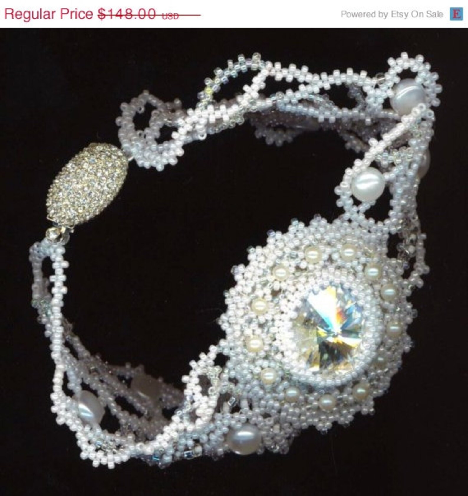 White Bridal Beadwoven Bracelet Rivoli Stone Mo…