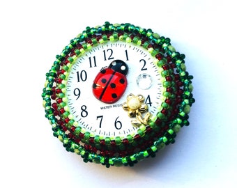 Beaded Beadwoven Red Ladybug Brooch Black Polka Dot Small glass Watch face faux Pearl flower Brooch Lapel Pin Gift for Her by enchantedbeads